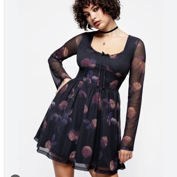 Disturbia Monica Floral Print Mesh Skater Dress Size 2 NEW Whimsigoth Dark Fairy - Picture 1 of 9